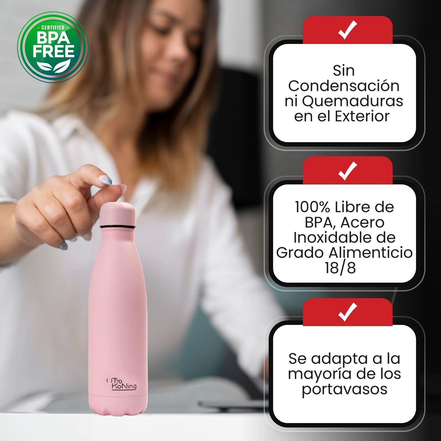 Otto Koning Botella Térmica de Agua Acero Inoxidable 500ml - Doble Aislamiento al vacío para 12 Horas de Bebida Caliente y 24 Horas de Bebida Fría. Botella Termo a Prueba de Fugas Libre BPA – para oposiciones – Material de estudio – OpoMarket