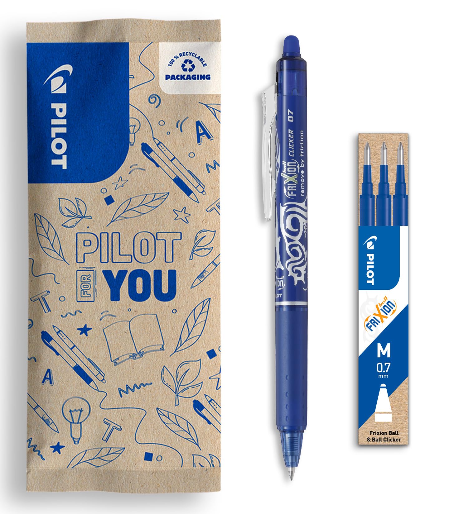 PILOT Caja de 1 Frixion Ball Clicker + 1 Set de 3 recambios - Bolígrafo retráctil borrable con tinta termosensible - Rollerball recargable y ergonómico - Azul - Punta Media – para oposiciones – Material de estudio – OpoMarket