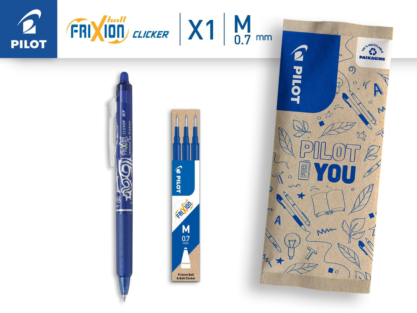 PILOT Caja de 1 Frixion Ball Clicker + 1 Set de 3 recambios - Bolígrafo retráctil borrable con tinta termosensible - Rollerball recargable y ergonómico - Azul - Punta Media – para oposiciones – Material de estudio – OpoMarket
