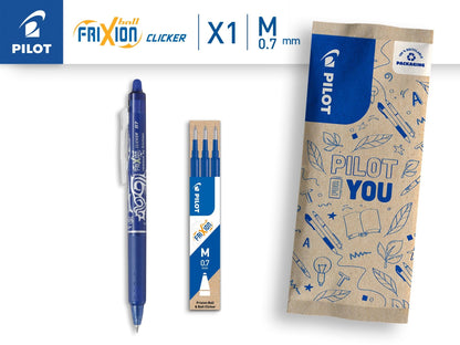 PILOT Caja de 1 Frixion Ball Clicker + 1 Set de 3 recambios - Bolígrafo retráctil borrable con tinta termosensible - Rollerball recargable y ergonómico - Azul - Punta Media – para oposiciones – Material de estudio – OpoMarket