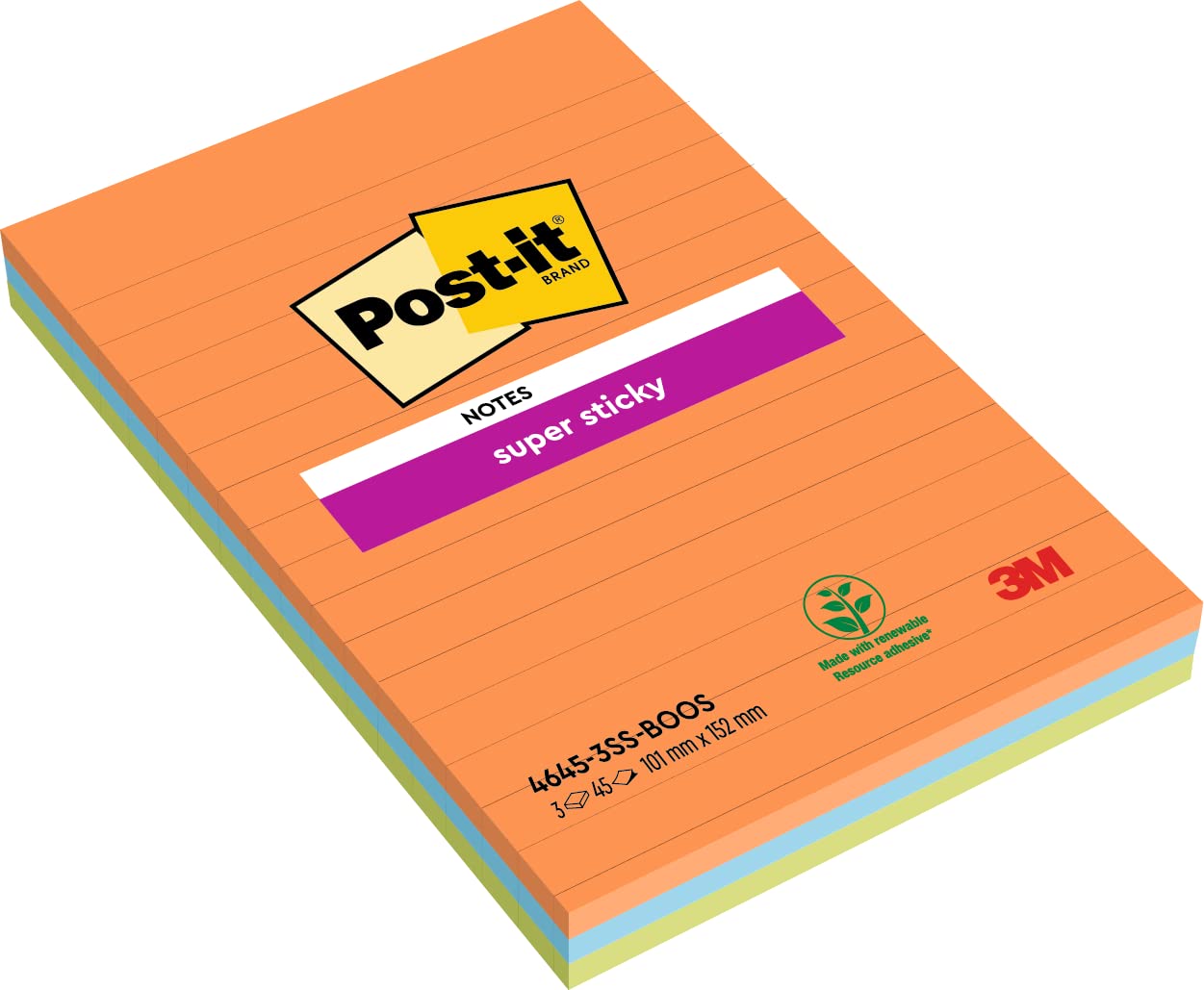 Post - it Super Sticky Notas, Colección Boost, con renglones, 101mmx152 mm, 45 hojas/bloc, 3 bloc/paquete – para oposiciones – Material de estudio – OpoMarket