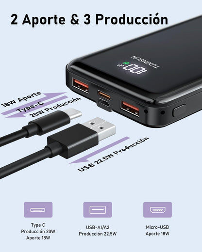 Power Bank 22.5W 20000mAh Bateria Externa Carga Rapida, Bateria Portatil PD3.0 QC4.0, Powerbank USB C Input & Output con Pantalla LCD Compatible con Smartphones, smartwatches, etc (black01) – para oposiciones – Material de estudio – OpoMarket