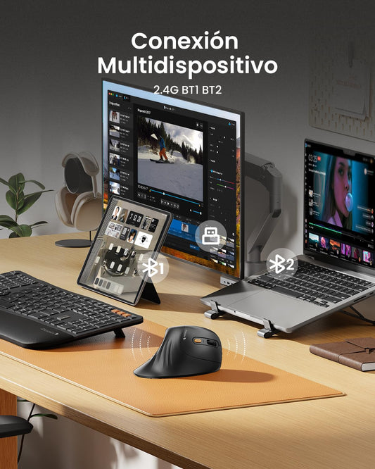 ProtoArc Ratón Ergonómico, EM11 NL Inalámbrico Mini Vertical Ratón óptico Recargable con 3 Puertos de Dispositivo (2*Bluetooth y USB), 3 dpi Ajustables para Ordenador, iPad, Mac, Windows - Negro – para oposiciones – Material de estudio – OpoMarket