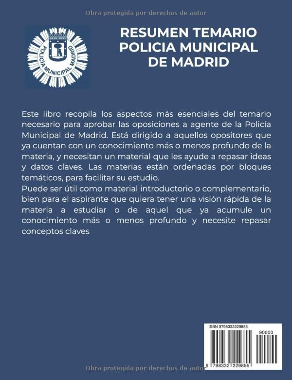 Reverso libro Temario Policía Municipal Madrid resumen para oposiciones
