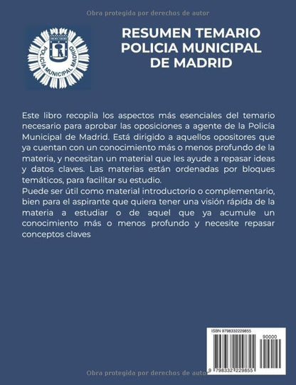 Reverso libro Temario Policía Municipal Madrid resumen para oposiciones