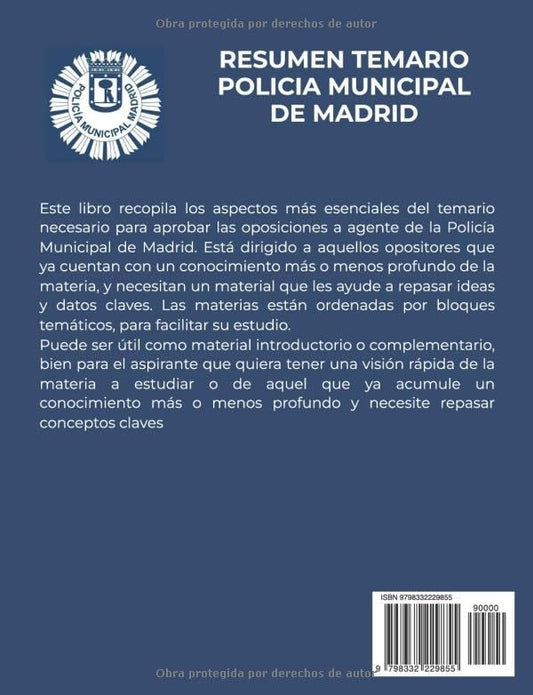 Reverso libro Temario Policía Municipal Madrid resumen para oposiciones