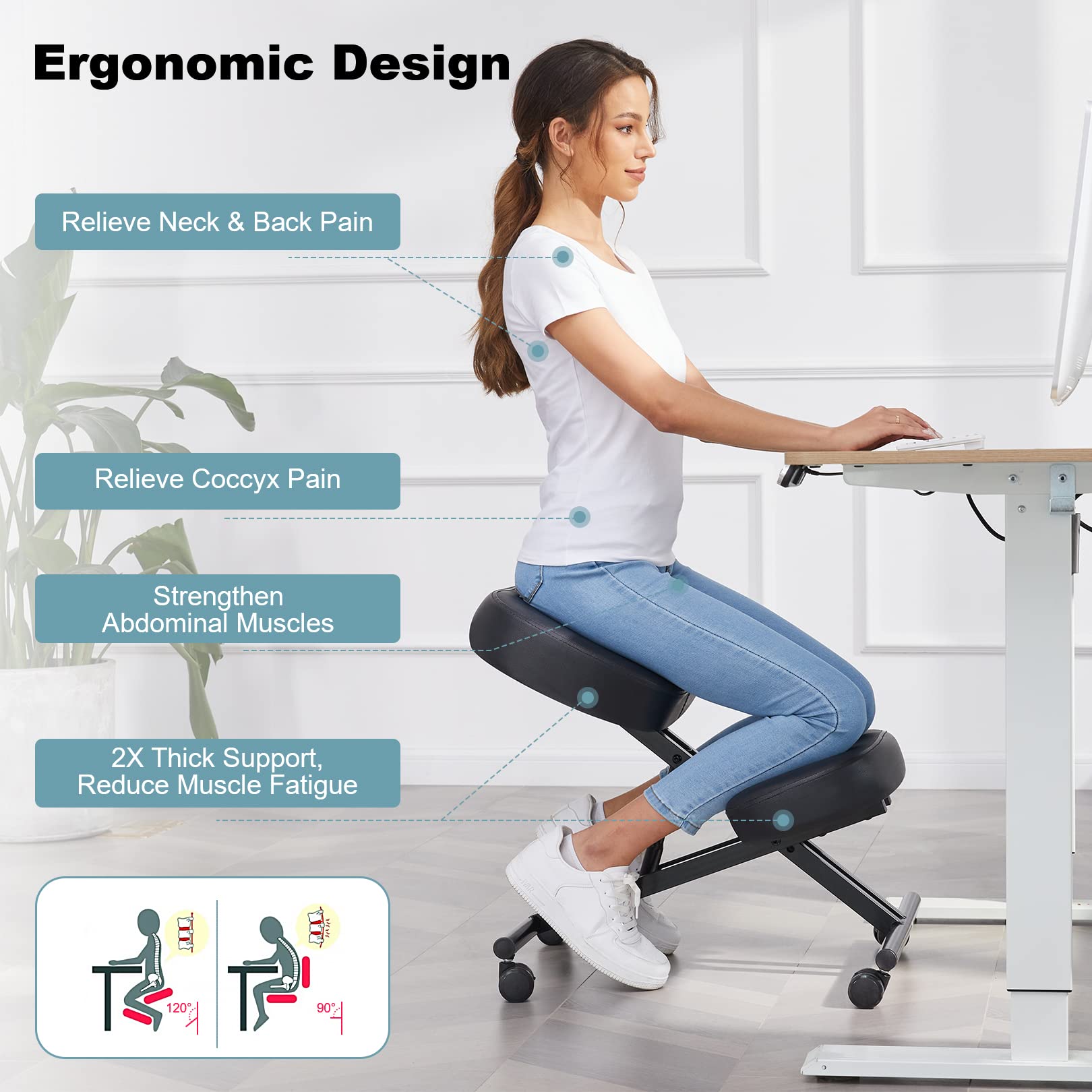 Silla de rodillas ergonómica ajustable con ruedas