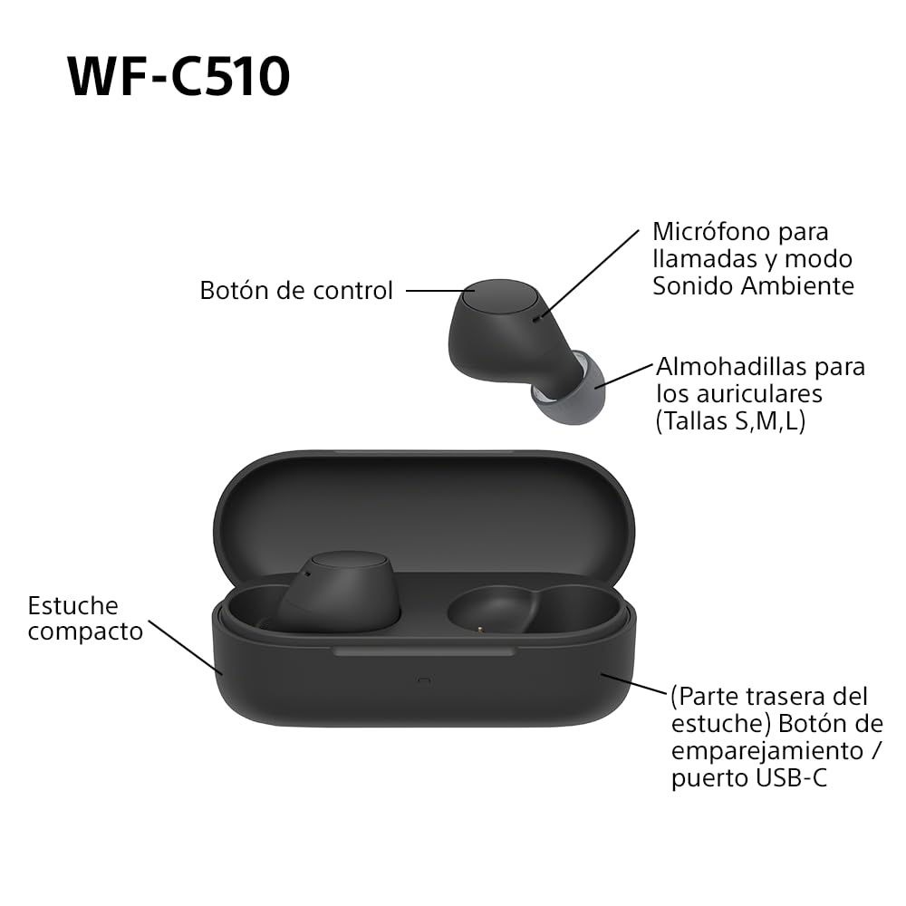 Sony WF - C510 Auriculares Inalámbricos pequeños, Ligeros, con conexión multipunto, Modo Sonido Ambiente, Resistencia al Agua IPX4, Spotify Tap, Carga rápida, 22 Horas de batería, iOS y Android - Negro – Electrónica para oposiciones – Material de estudio – OpoMarket