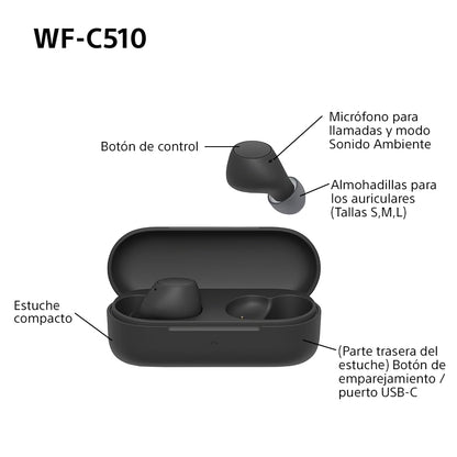 Sony WF - C510 Auriculares Inalámbricos pequeños, Ligeros, con conexión multipunto, Modo Sonido Ambiente, Resistencia al Agua IPX4, Spotify Tap, Carga rápida, 22 Horas de batería, iOS y Android - Negro – Electrónica para oposiciones – Material de estudio – OpoMarket