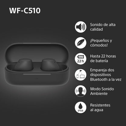 Sony WF - C510 Auriculares Inalámbricos pequeños, Ligeros, con conexión multipunto, Modo Sonido Ambiente, Resistencia al Agua IPX4, Spotify Tap, Carga rápida, 22 Horas de batería, iOS y Android - Negro – Electrónica para oposiciones – Material de estudio – OpoMarket