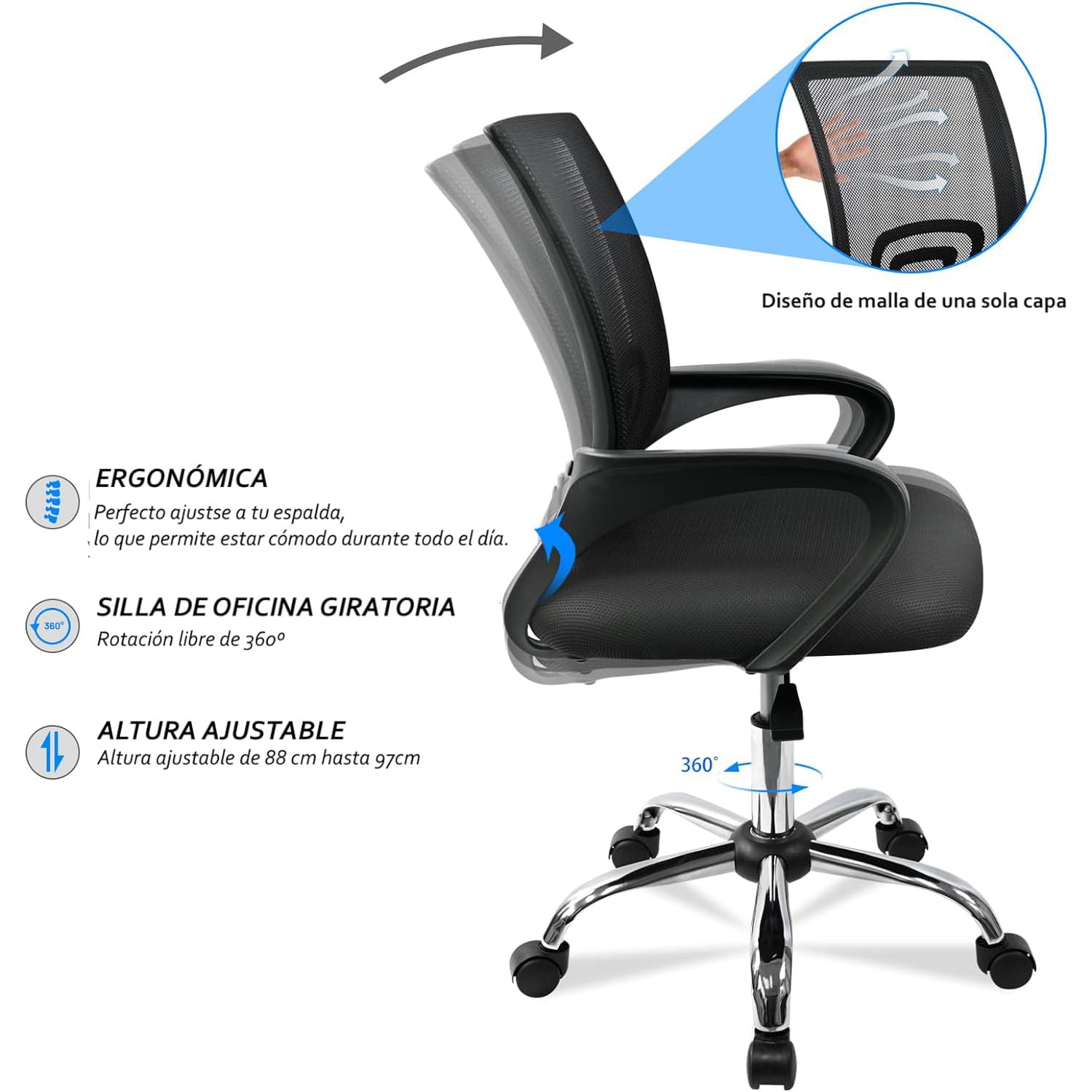 Detalle del soporte lumbar de una silla ergonómica postural