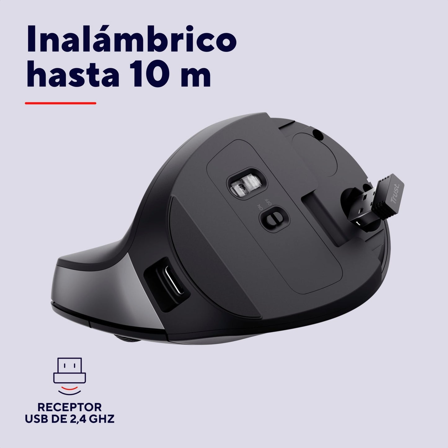 Trust Yuno Ratón Vertical Inalámbrico, Ratón Ergonómico Recargable 2.4GHz, Reducir la Tensión en Brazos y Muñecas, 800 - 2400 dpi, 70% Plástico Reciclado, PC Portátil Mac - Negro – para oposiciones – Material de estudio – OpoMarket