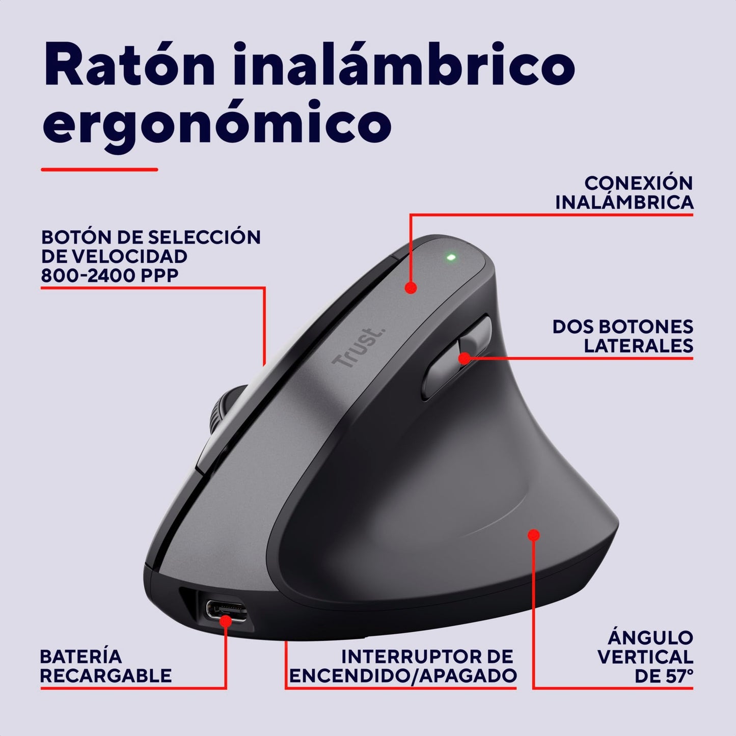 Trust Yuno Ratón Vertical Inalámbrico, Ratón Ergonómico Recargable 2.4GHz, Reducir la Tensión en Brazos y Muñecas, 800 - 2400 dpi, 70% Plástico Reciclado, PC Portátil Mac - Negro – para oposiciones – Material de estudio – OpoMarket