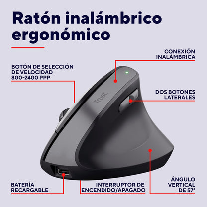 Trust Yuno Ratón Vertical Inalámbrico, Ratón Ergonómico Recargable 2.4GHz, Reducir la Tensión en Brazos y Muñecas, 800 - 2400 dpi, 70% Plástico Reciclado, PC Portátil Mac - Negro – para oposiciones – Material de estudio – OpoMarket