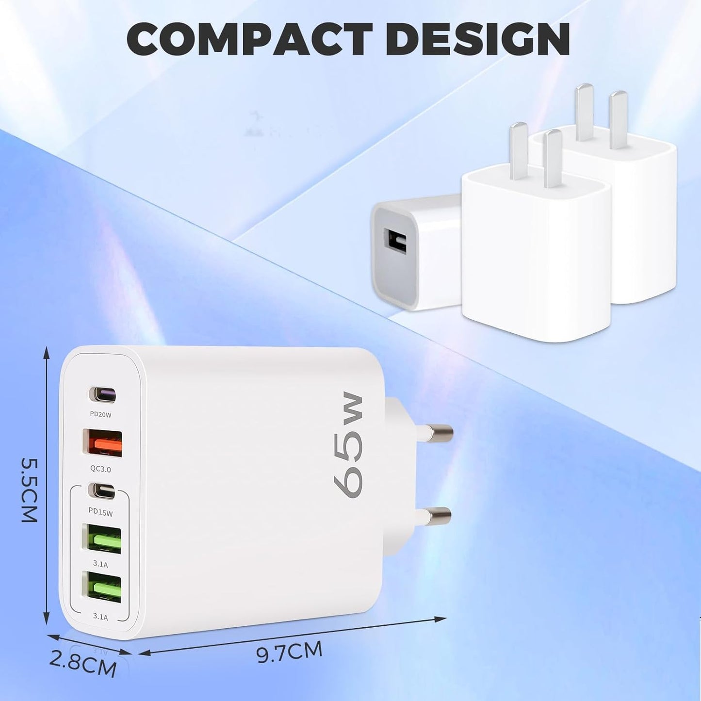 YIIFELL Cargador USB C, 65 W, 5 Puertos, Cargador USBC con Cargador rápido Inteligente QC 3.0, Adaptador de alimentación USB para iPhone 15, 14, 13, 12, 11 Pro MAX SE 2020 XS XR 8 7, Samsung – para oposiciones – Material de estudio – OpoMarket