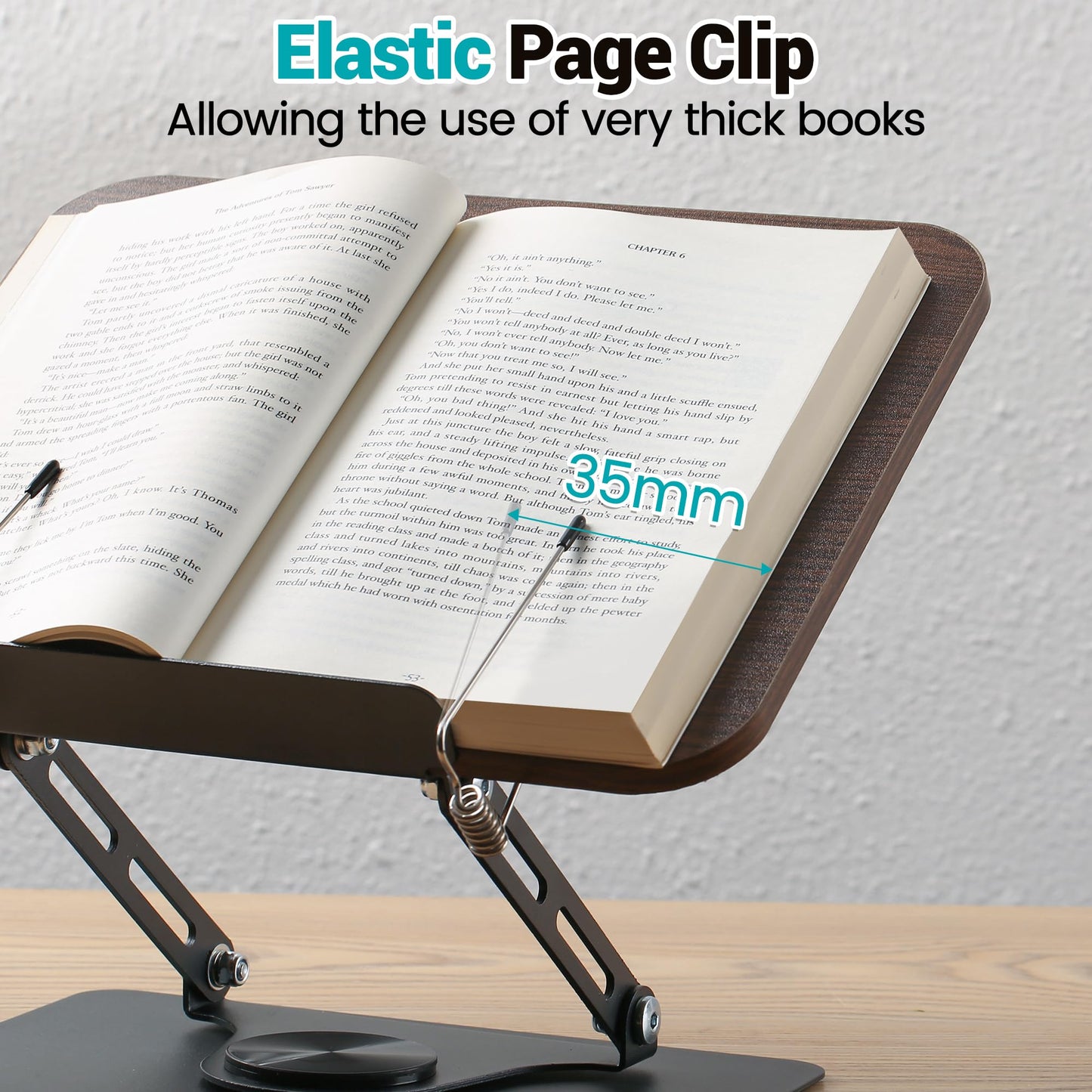 detalle del atril para libros con clip para paginas