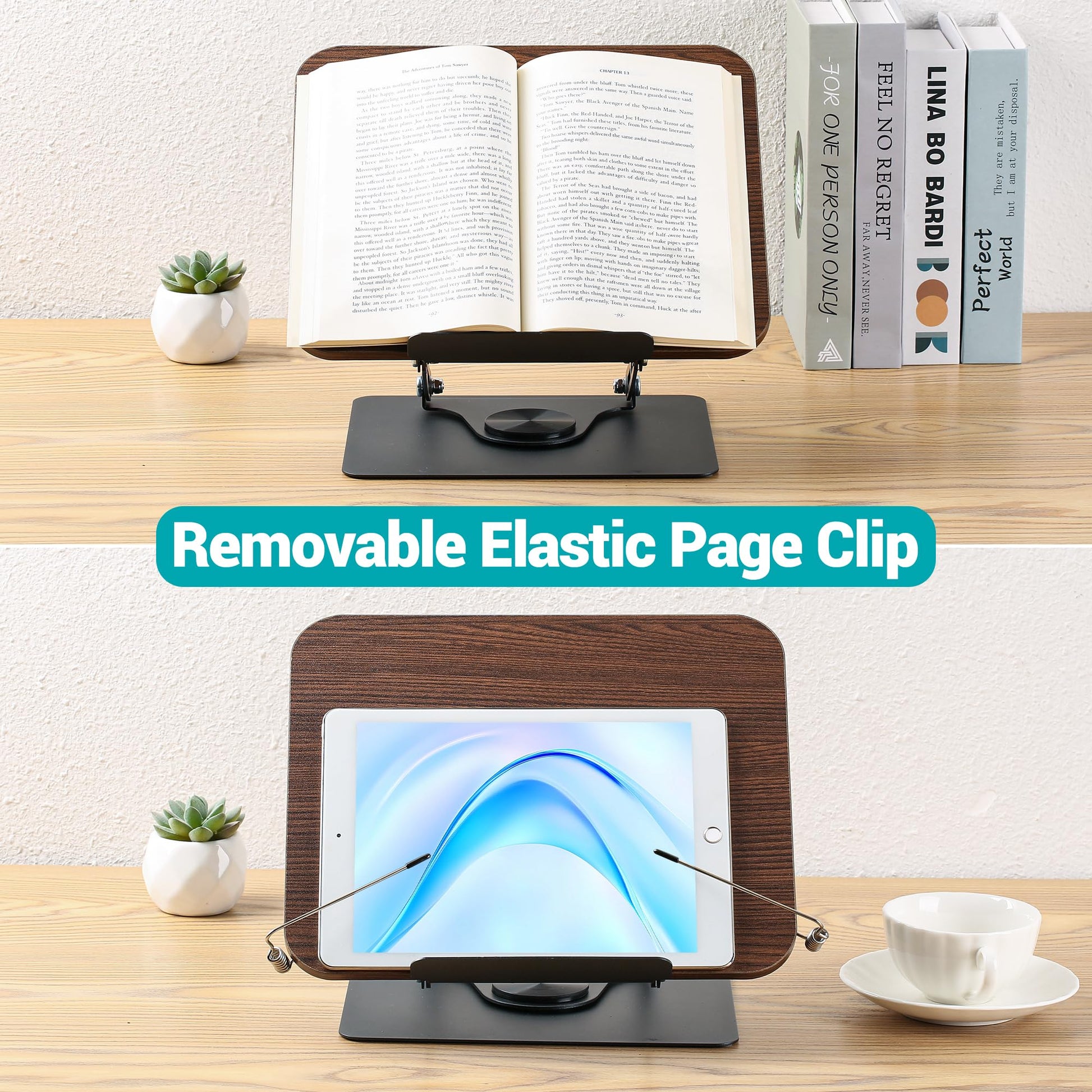 atril para libros sosteniendo manual de estudio grueso