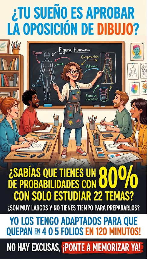 ¡Consigue tu plaza de Dibujo con estrategia y sin memorizar temarios infinitos! Vendo mi temario personalizado de 22 temas, optimizado para escribir en las 2 horas reales de examen (2.000 - 2.500 palabras) y estructurado de forma inteligente por bloques.